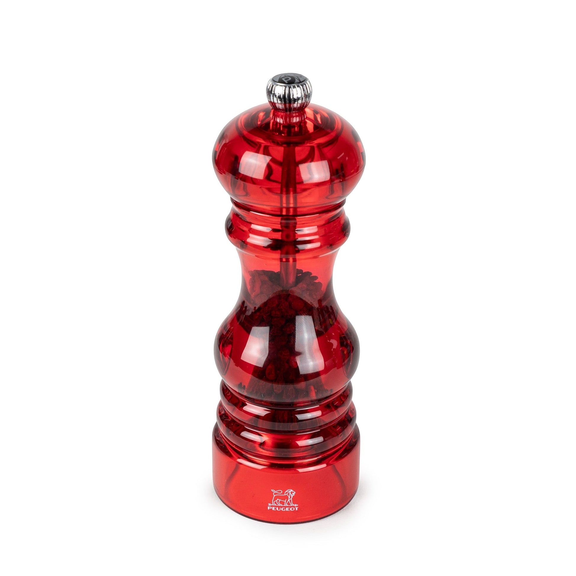 Eclectic Peugeot Podium 18cm red acrylic salt and pepper mill with a classic silhouette and chrome adjustment knob
