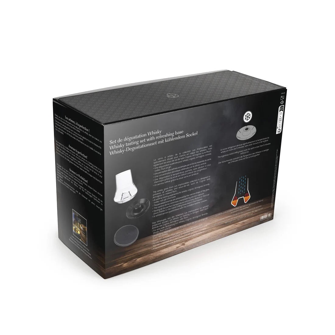 Eclectic Peugeot whisky tasting glass set packaging box showing chilling base and glass details