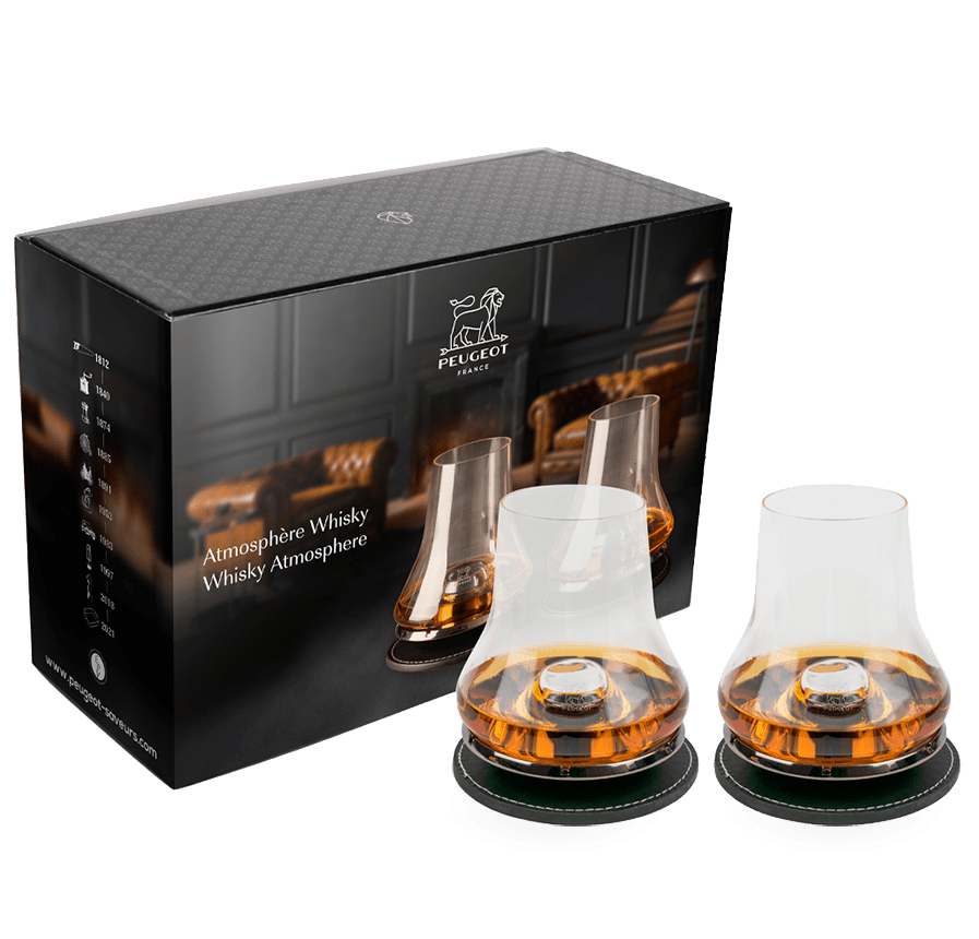 Eclectic Peugeot whisky tasting glass set with chilling bases and coasters in a branded gift box