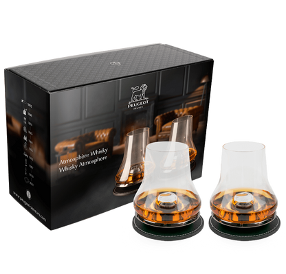 Eclectic Peugeot whisky tasting glass set with chilling bases and coasters in a branded gift box