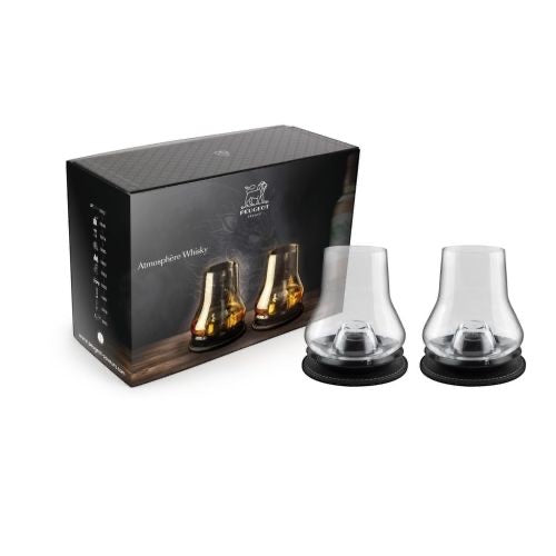 Eclectic Peugeot whisky tasting set with two glasses, chilling bases, and coasters in a branded gift box.