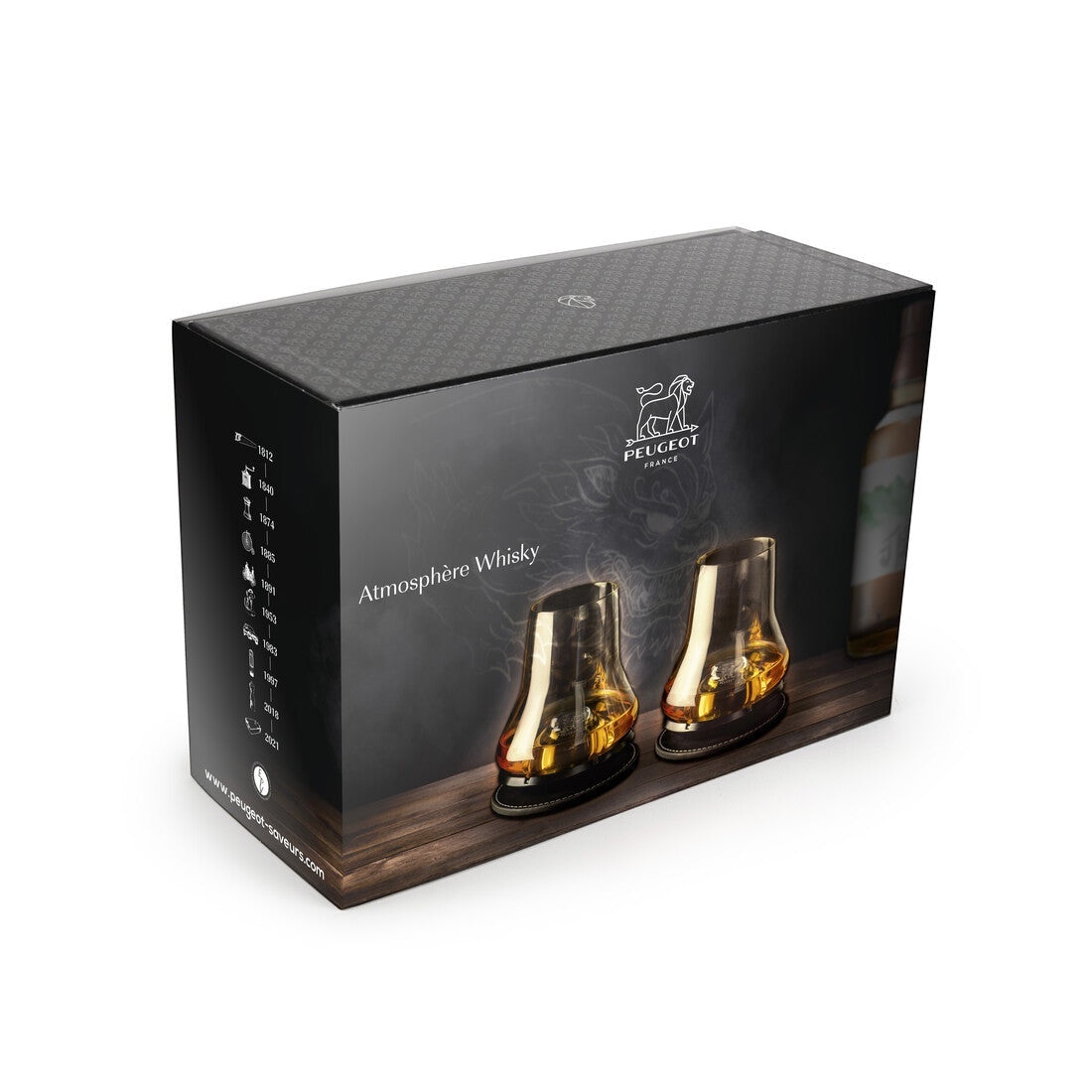 Eclectic Peugeot whisky tasting glass set in a black gift box with two glasses on chilling bases.