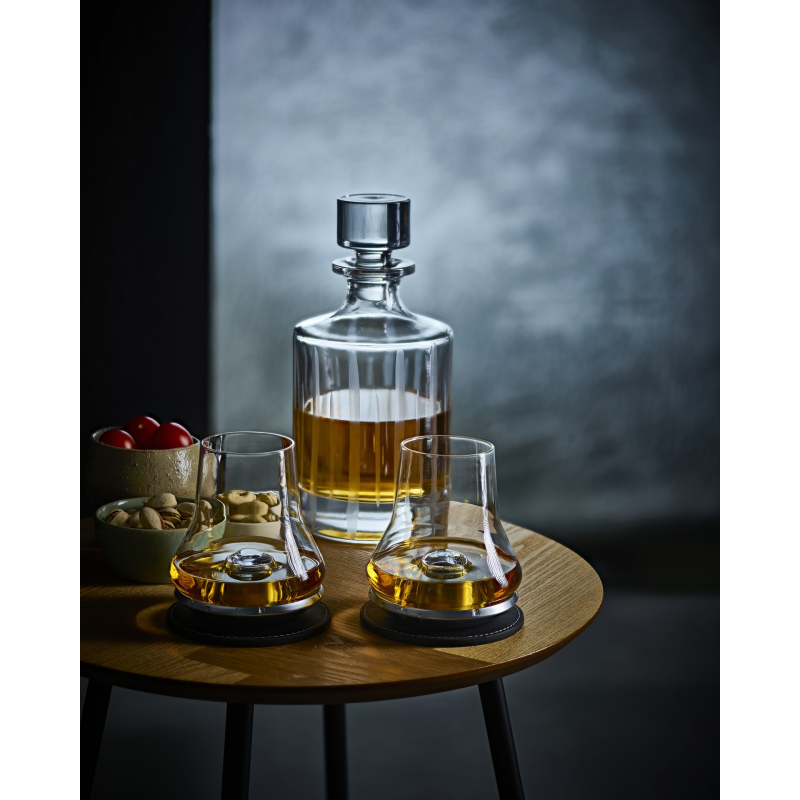 Eclectic Peugeot whisky tasting glass set with chilling bases and decanter on a wooden table