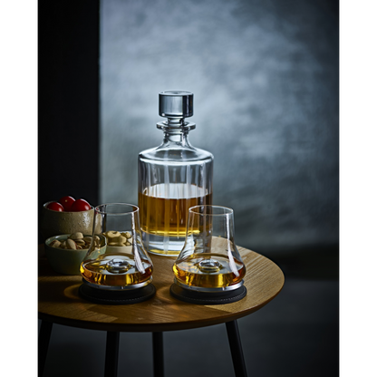 Eclectic Peugeot whisky tasting glass set with chilling bases and decanter on a wooden table