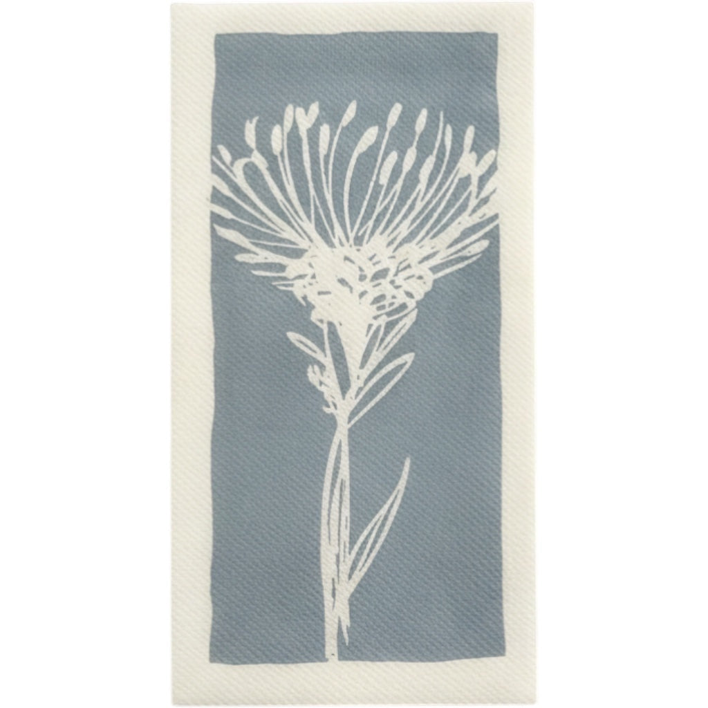 Eclectic Pincushion blue disposable airlaid napkin with a white botanical protea print on a soft blue background.