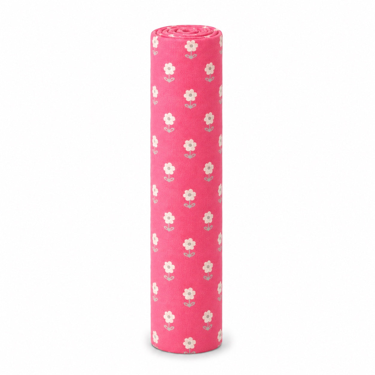 Eclectic pink cotton flannel baby blanket featuring a delicate white blossom floral pattern, rolled for storage.