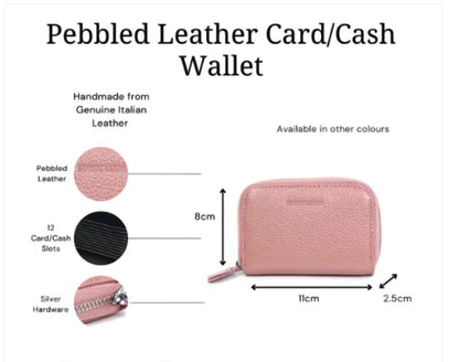 Eclectic pink pebbled leather zip-around card holder with accordion interior and silver hardware