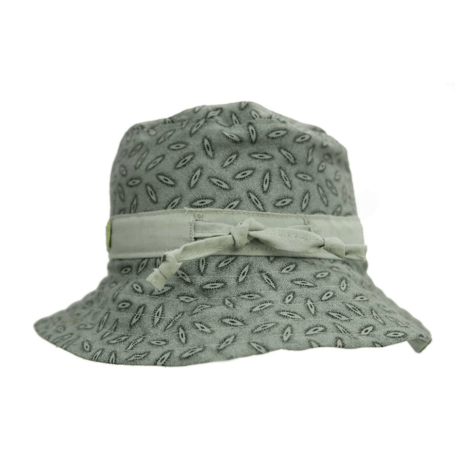 Eclectic Pop It On Will kids bucket hat in sage green patterned cotton with an adjustable tie for a secure fit.