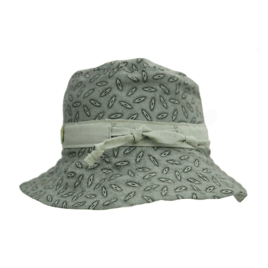 Eclectic Pop It On Will kids bucket hat in sage green patterned cotton with an adjustable tie for a secure fit.