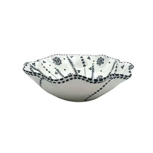 Eclectic Poppy ceramic pasta bowl with a white base and delicate black hand-painted floral pattern and scalloped rim