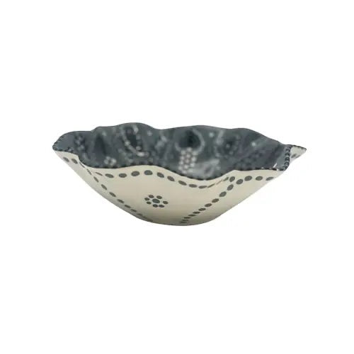 Eclectic Potterseed Poppy ceramic pasta bowl with a scalloped edge and grey and white dotted floral pattern