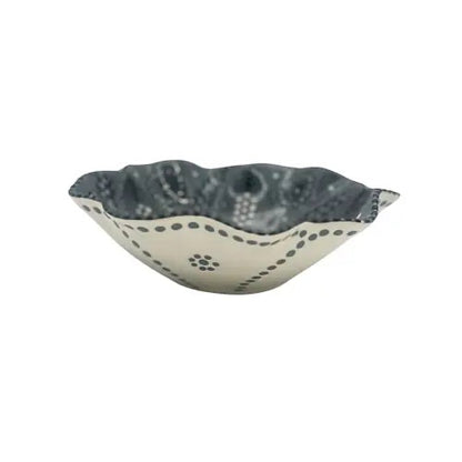 Eclectic Potterseed Poppy ceramic pasta bowl with a scalloped edge and grey and white dotted floral pattern