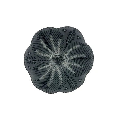 Eclectic Potterseed ceramic Poppy sweetie bowl with hand-painted dark grey floral motif and scalloped edge