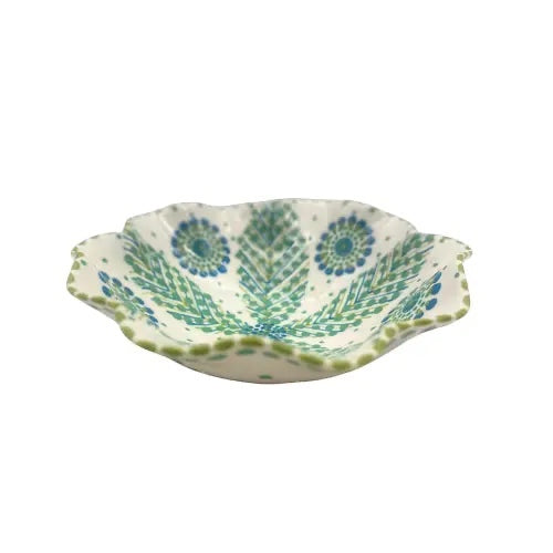 Eclectic Potterseed Poppy ceramic pasta bowl with a scalloped edge and blue and green floral pattern