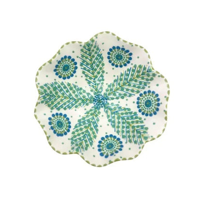 Eclectic Potterseed Poppy ceramic pasta bowl with a scalloped edge and blue and green floral pattern