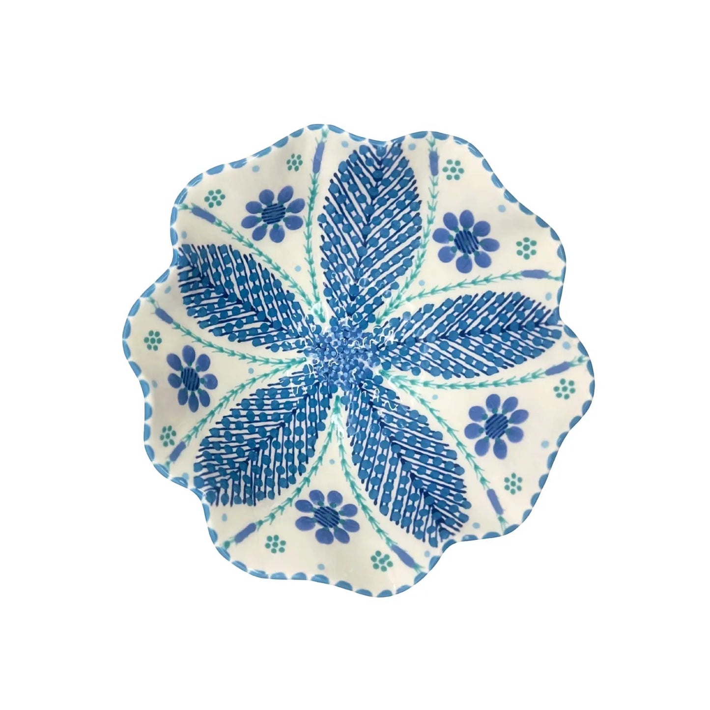 Eclectic Potterseed Poppy ceramic pasta bowl with blue floral and leaf pattern on a white scalloped edge background