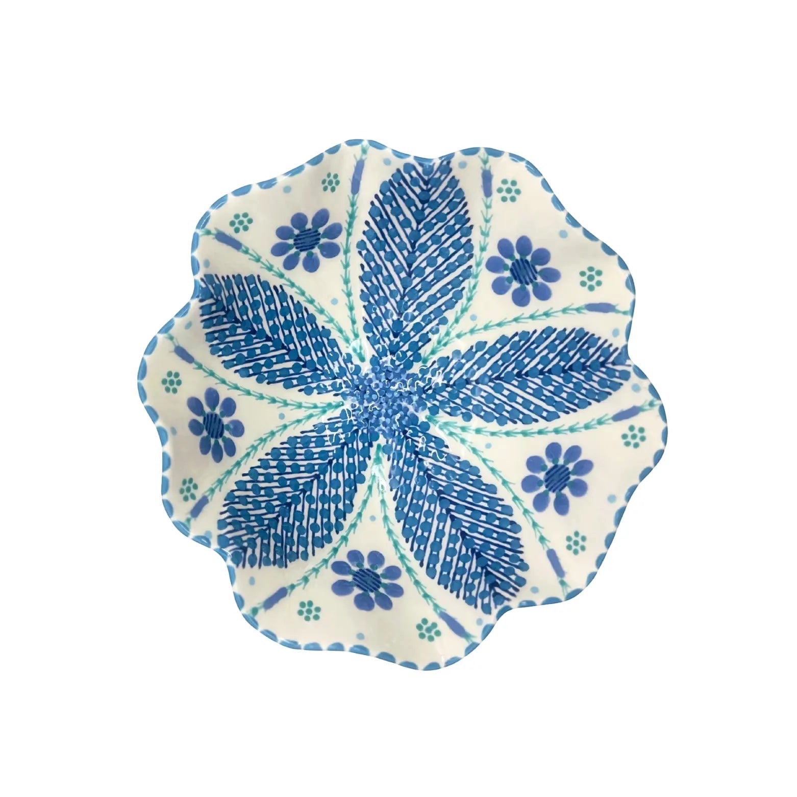Eclectic Potterseed Poppy ceramic pasta bowl with blue floral and leaf pattern on a white scalloped edge background