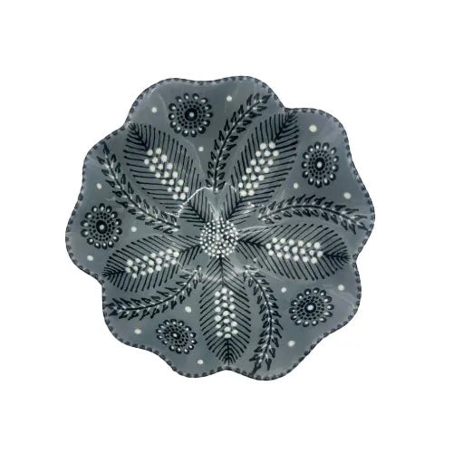Eclectic Potterseed Poppy ceramic pasta bowl in grey with intricate black and white floral pattern and scalloped edge