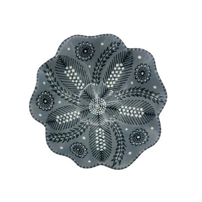 Eclectic Potterseed Poppy ceramic pasta bowl in grey with intricate black and white floral pattern and scalloped edge