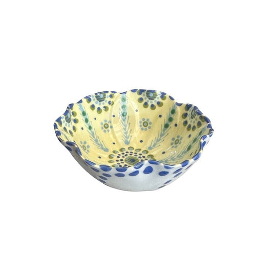 Eclectic Potterseed Poppy Ramekin in yellow and blue floral ceramic with a frilled edge for serving dips or desserts.