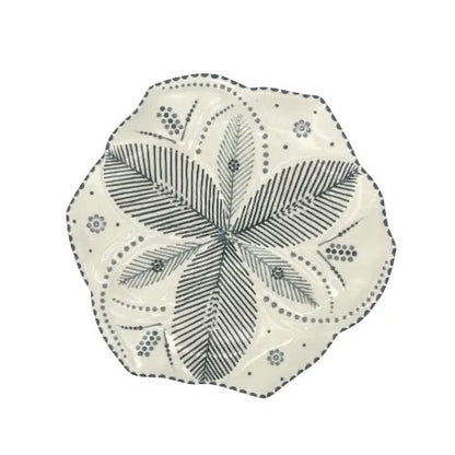 Eclectic Potterseed Tulip dinner plate in white ceramic with hand-painted grey botanical patterns and scalloped edge