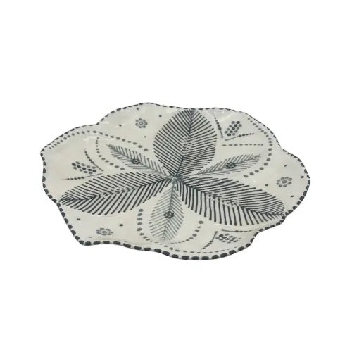 Eclectic Potterseed Tulip dinner plate in white ceramic with hand-painted black botanical patterns and scalloped edge