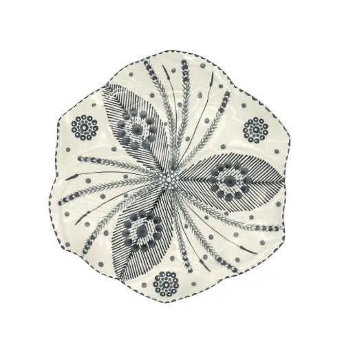 Eclectic Potterseed handcrafted ceramic dinner plate with a white base and intricate hand-painted grey botanical design.