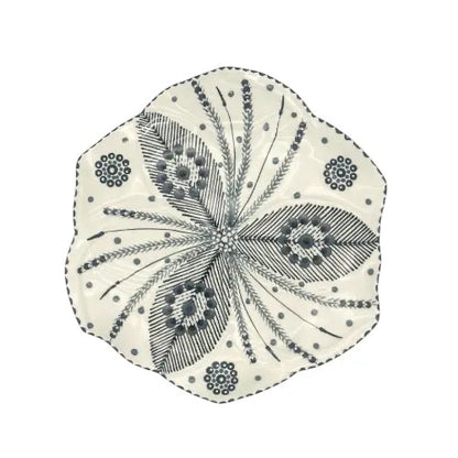 Eclectic Potterseed handcrafted ceramic dinner plate with a white base and intricate hand-painted grey botanical design.