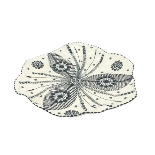Eclectic Potterseed Tulip dinner plate featuring a hand-painted black botanical pattern on white ceramic.