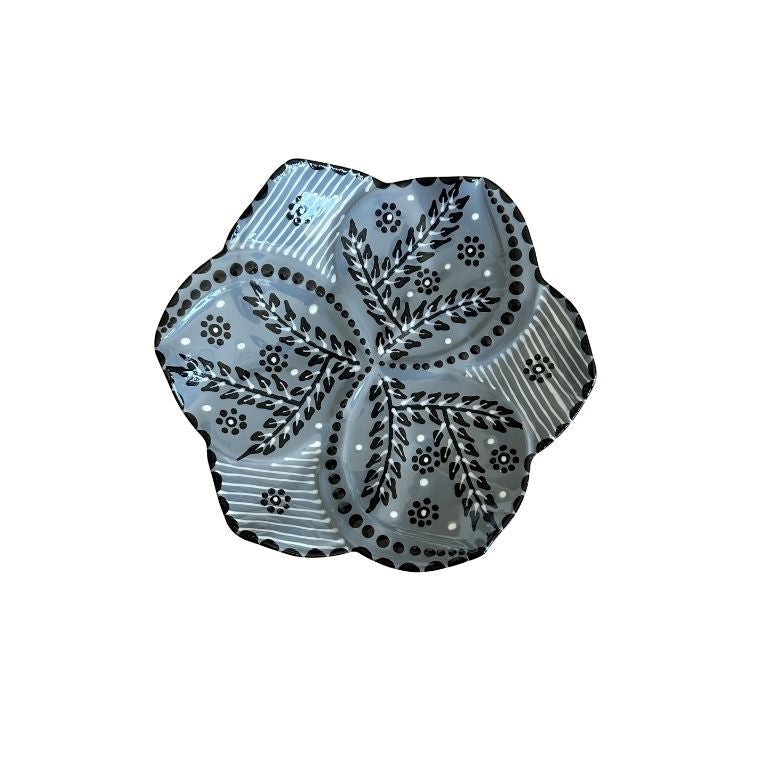 Eclectic Potterseed tulip-shaped ceramic cocktail plate with grey and black floral hand-painted patterns.