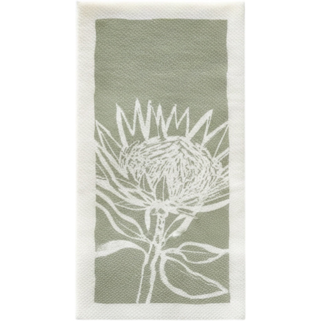Eclectic Protea Green airlaid disposable napkin with a white botanical flower print on a soft sage green background.