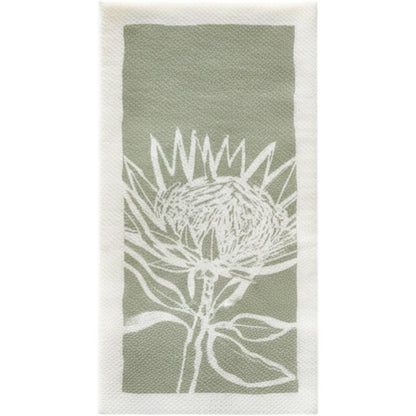 Eclectic Protea Green airlaid disposable napkin with a white botanical flower print on a soft sage green background.