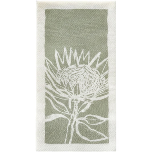 Eclectic Protea Green airlaid disposable napkin with a white botanical flower print on a soft sage green background.