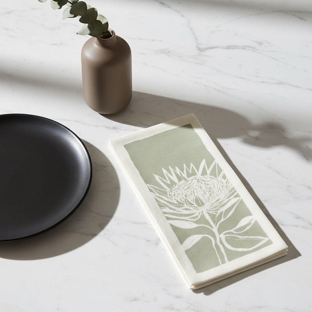 Eclectic Protea Green airlaid disposable napkin with a botanical print on a marble table next to a black plate