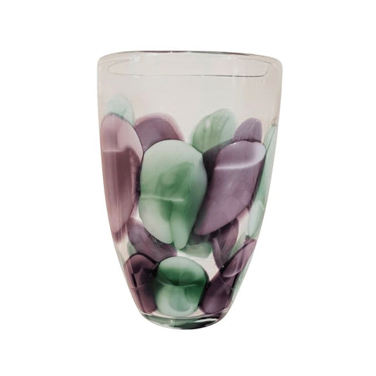 Eclectic purple and green petal glass vase with a smooth polished finish and organic layered design.