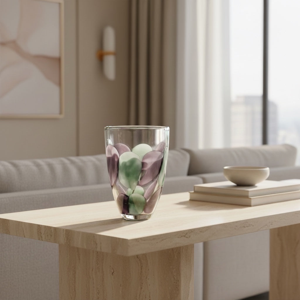 Eclectic purple and green petal glass vase with a smooth polished finish on a modern wooden console table.