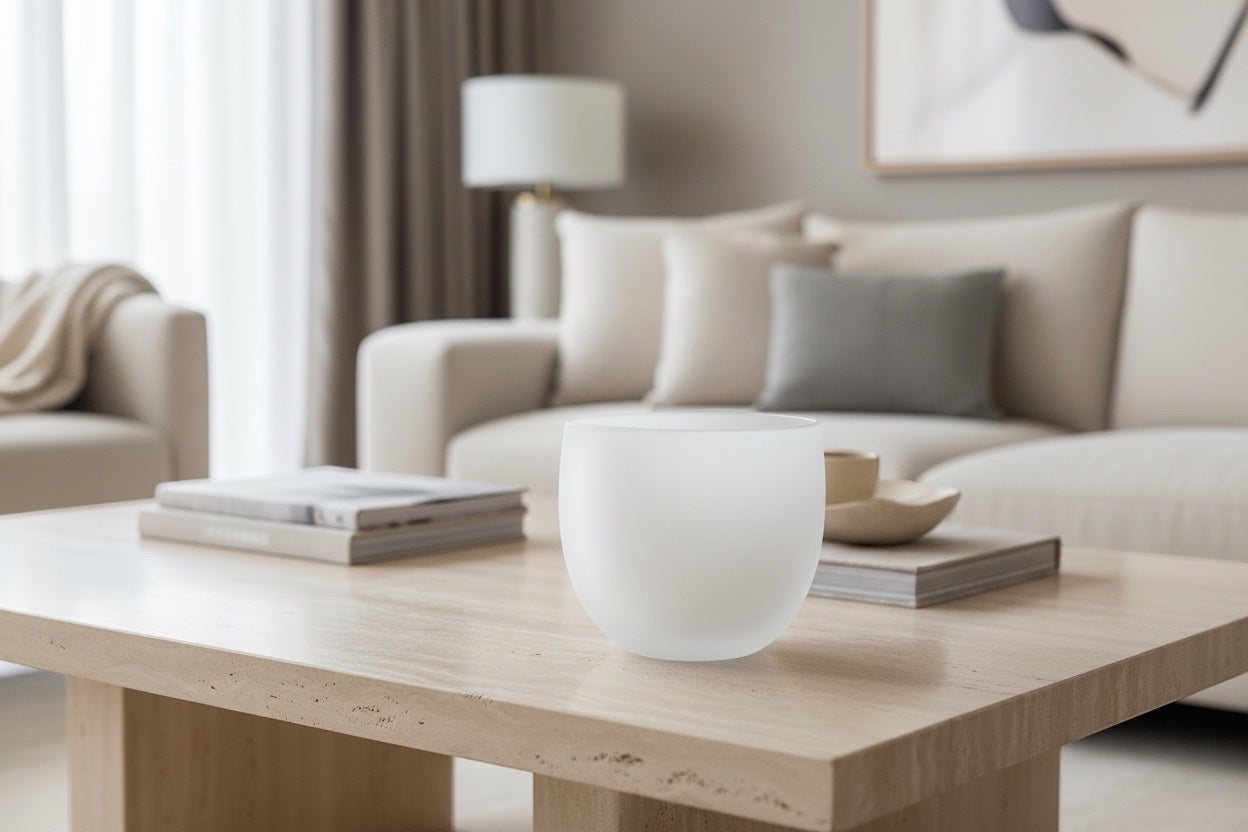 Eclectic Quartz rounded frosted white glass vase on a modern wooden coffee table in a minimalist living room.