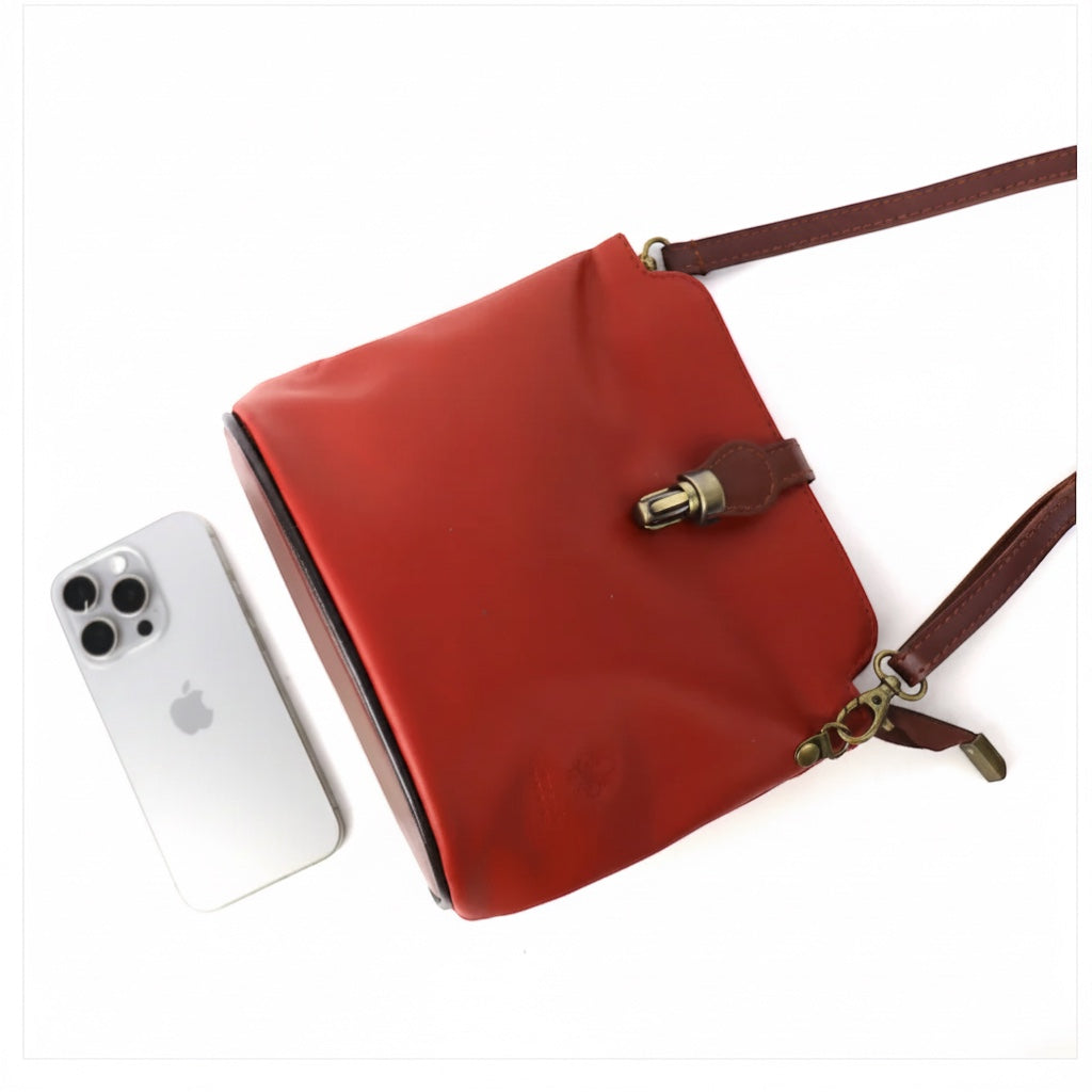 Eclectic Roma leather crossbody bag in red with tan trim, gold hardware, and adjustable strap next to a smartphone.