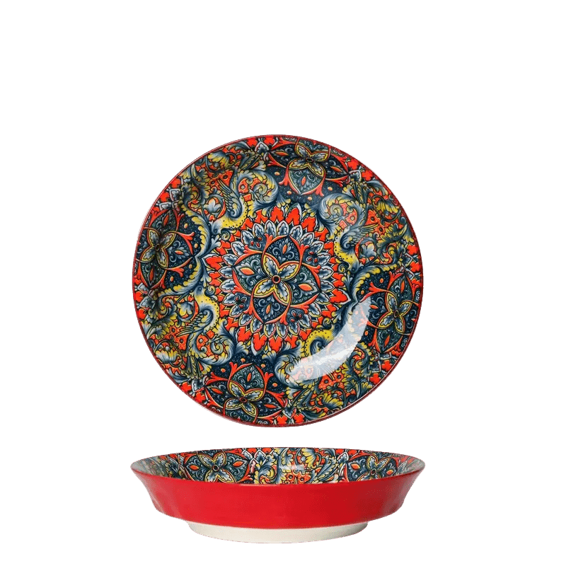 Eclectic red ceramic pasta bowl featuring a vibrant bohemian mandala pattern with intricate floral details.
