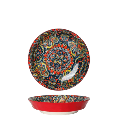 Eclectic red ceramic pasta bowl featuring a vibrant bohemian mandala pattern with intricate floral details.
