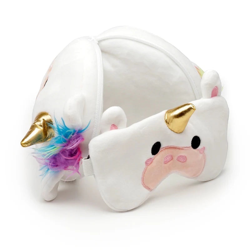Eclectic Relaxeazzz Astrid the Unicorn 2-in-1 travel pillow and matching eye mask in soft white plush fabric