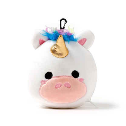 Eclectic Relaxeazzz Astrid the Unicorn plush travel pillow with a gold horn and colorful mane in its compact form.