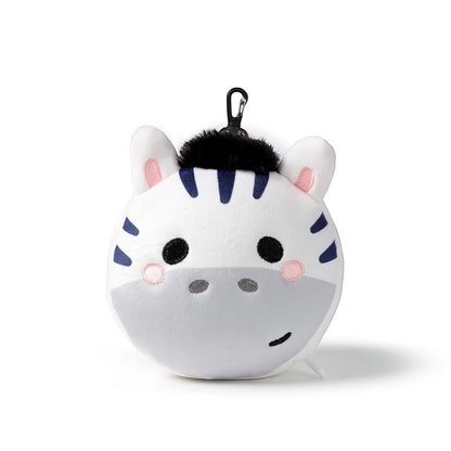 Eclectic Relaxeazzz Bali the Zebra plush travel pillow toy with a black clip attachment on a white background.