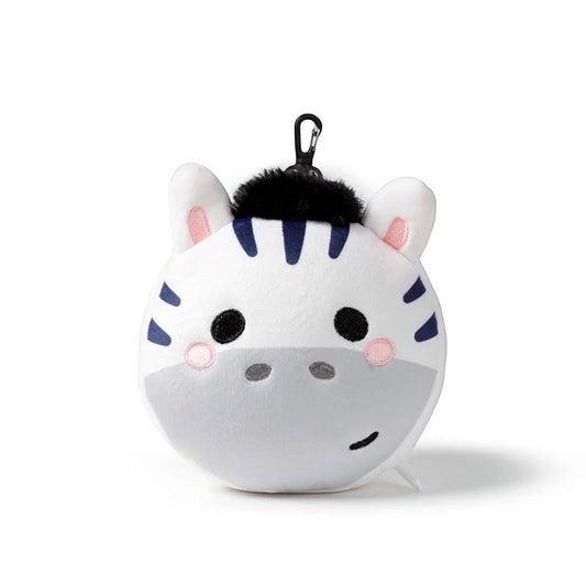 Eclectic Relaxeazzz Bali the Zebra plush travel pillow toy with a black clip attachment on a white background.