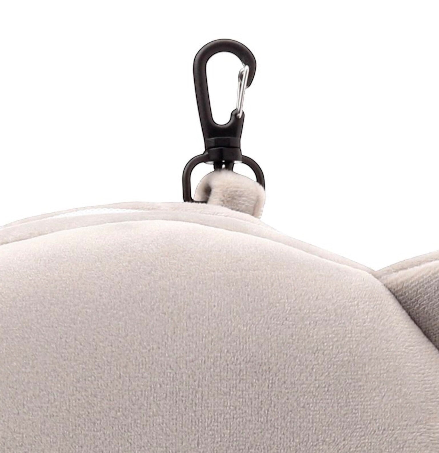 Eclectic Relaxeazzz Janu the Elephant travel pillow featuring a soft grey plush fabric and a convenient travel clip.