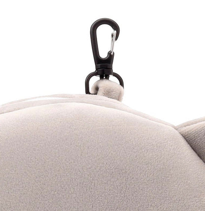 Eclectic Relaxeazzz Janu the Elephant travel pillow featuring a soft grey plush fabric and a convenient travel clip.