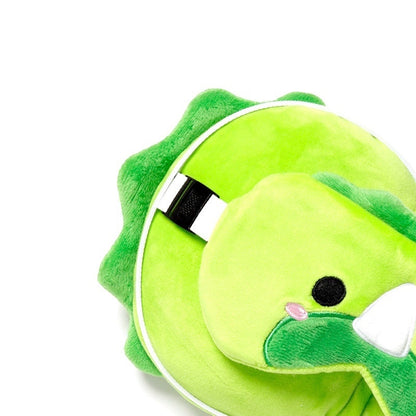Eclectic Relaxeazzz Huck the Dinosaur plush travel pillow and matching eye mask in bright green polyester fabric.