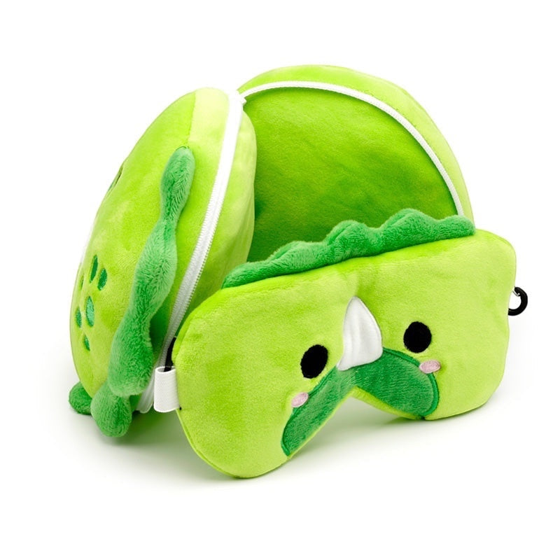 Eclectic Relaxeazzz Huck the Dinosaur 2-in-1 green plush travel pillow and matching eye mask set.