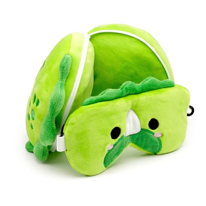 Eclectic Relaxeazzz Huck the Dinosaur 2-in-1 green plush travel pillow and matching eye mask set.