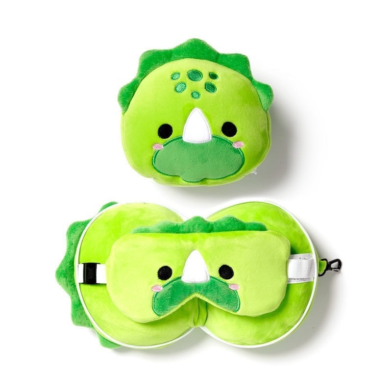Eclectic Relaxeazzz Huck the Dinosaur 2-in-1 green plush travel pillow and matching eye mask set